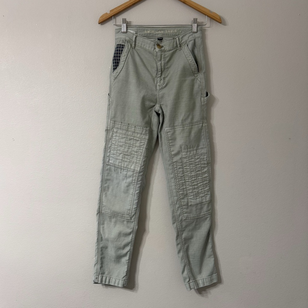 American Eagle Sage Green Cargo Pants Quilted Knee Patchwork Stretch Size 00